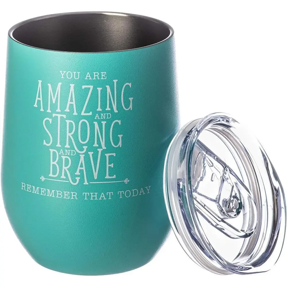 Diversebee Insulated Wine Tumbler Cup 'You are Amazing' 12 oz with Lid in Aqua‌‍